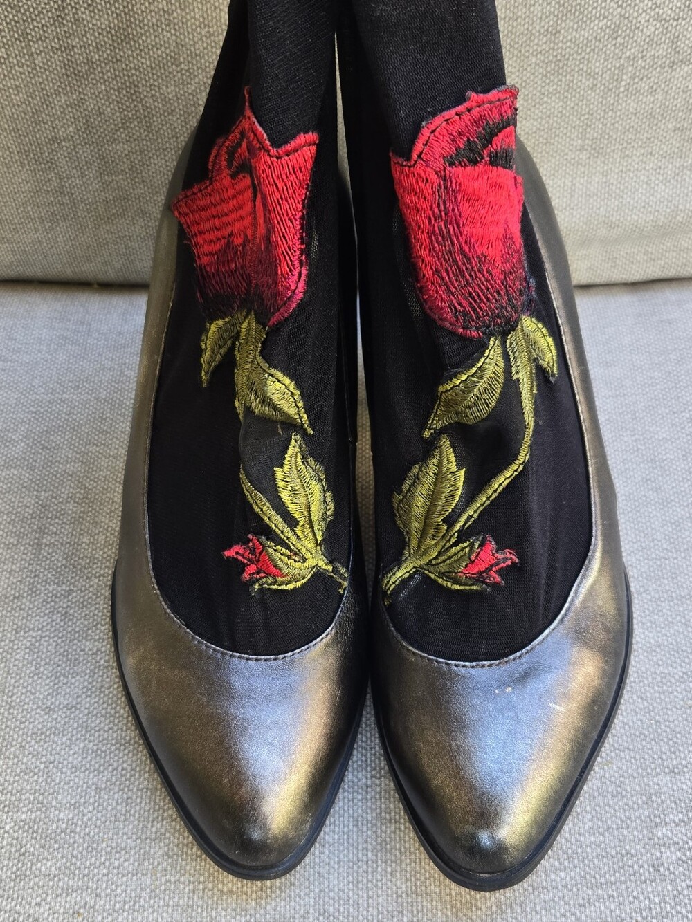 Azura Black Floral Embroidered Slip-On Women’s Block Heel